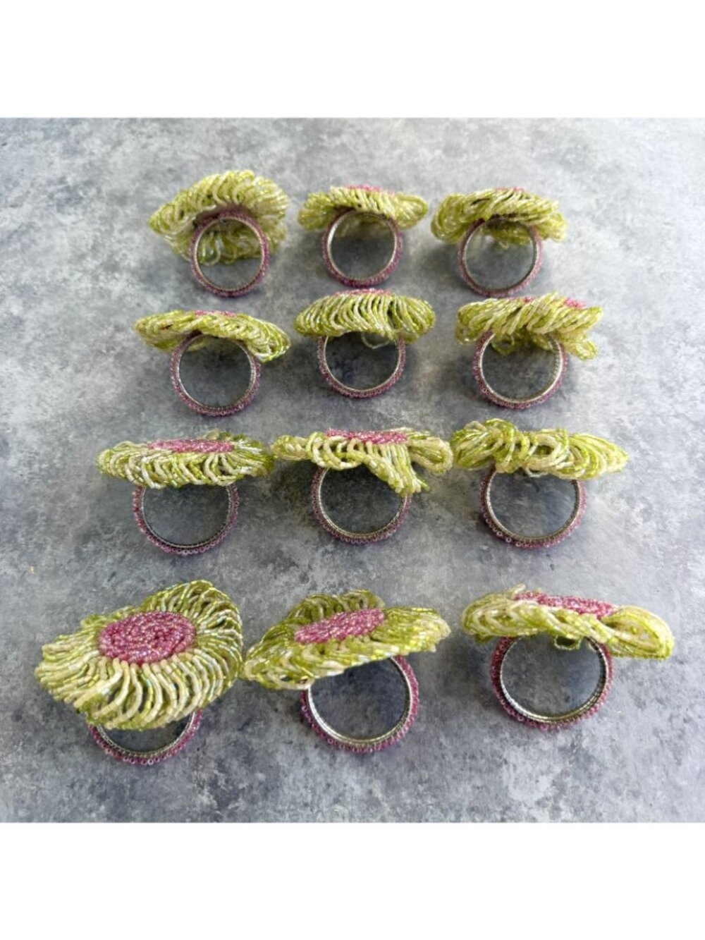 Pier 1 Napkin Rings Beaded Flowers Set of 12 Green & Pink Spring Frutiger Aero - Picture 4 of 7